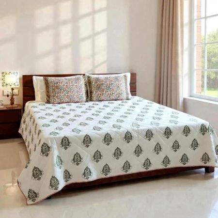 Handmade Orange Jaal Mulmul Cotton Quilted Double Bedcover